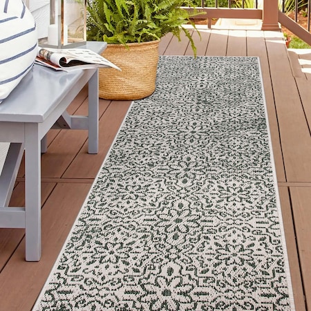 World Rug Gallery Contemporary Flowers Weather Resistant Indoor/Outdoor Runner Rug 2' x 7' Green 4026GREEN2X7